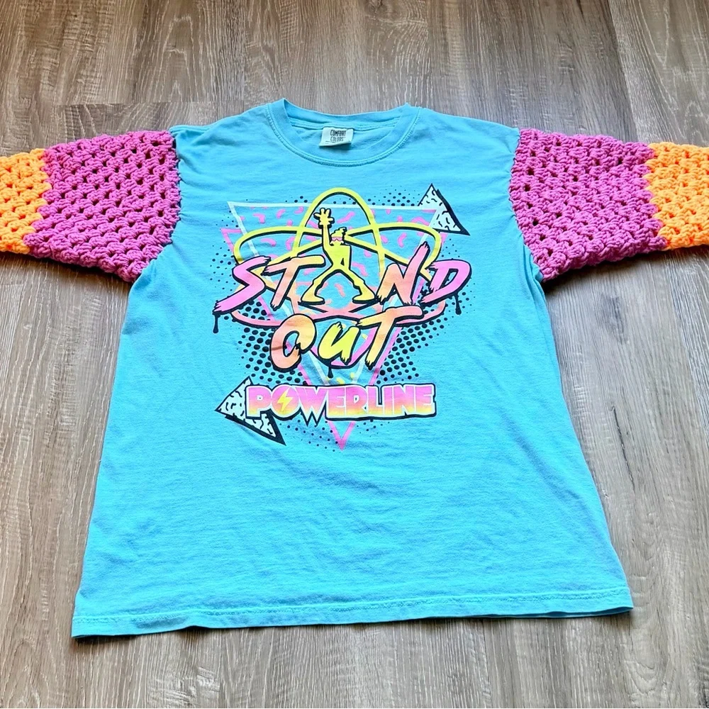 Crochet Upcycled Powerline Goofy Movie T Shirt Crochet Sleeves Unisex M‎ - Picture 2 of 11